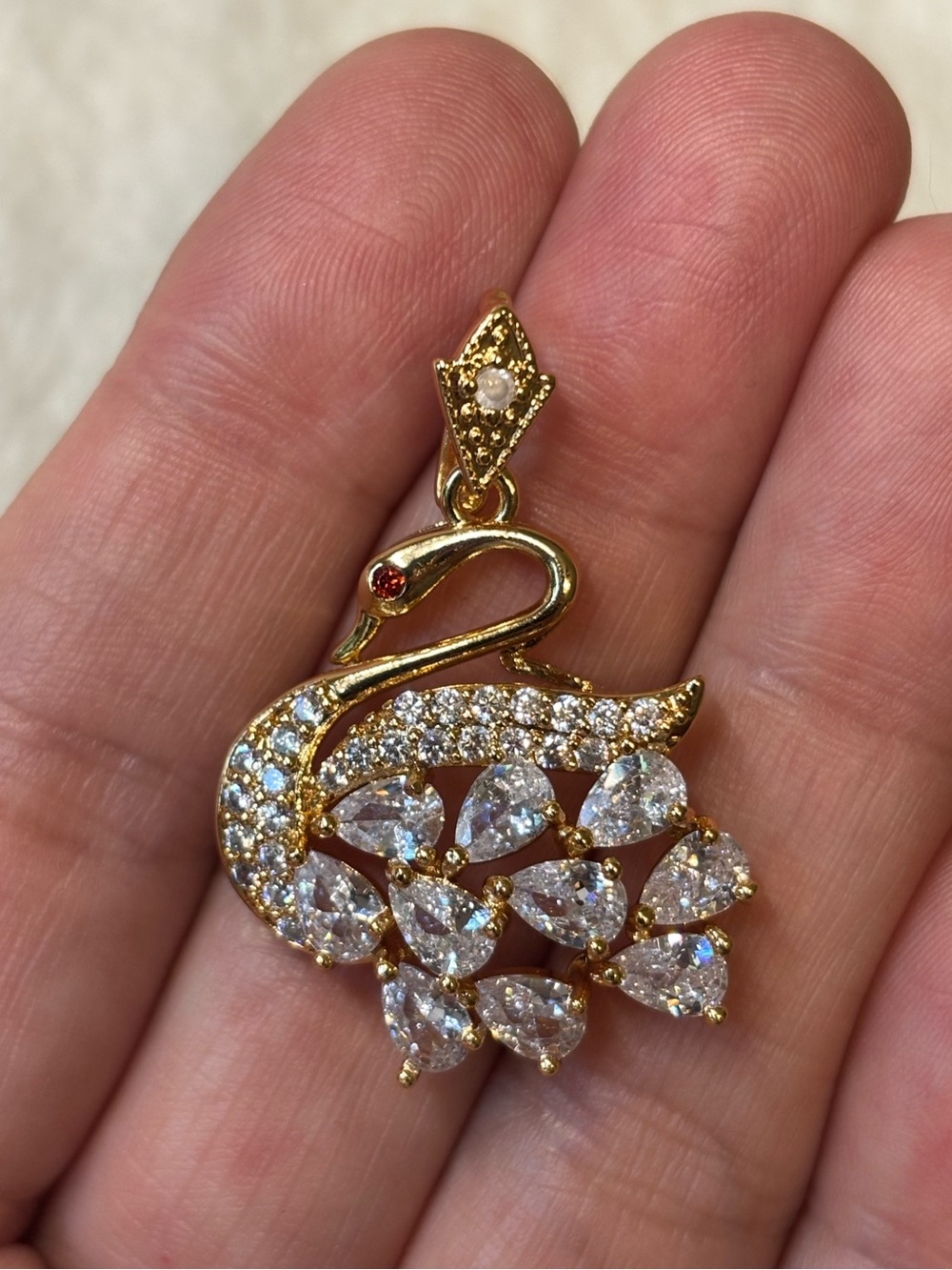 AAA CZ Swan with Ruby Red Eye Pendant 18k Yellow Gold Filled